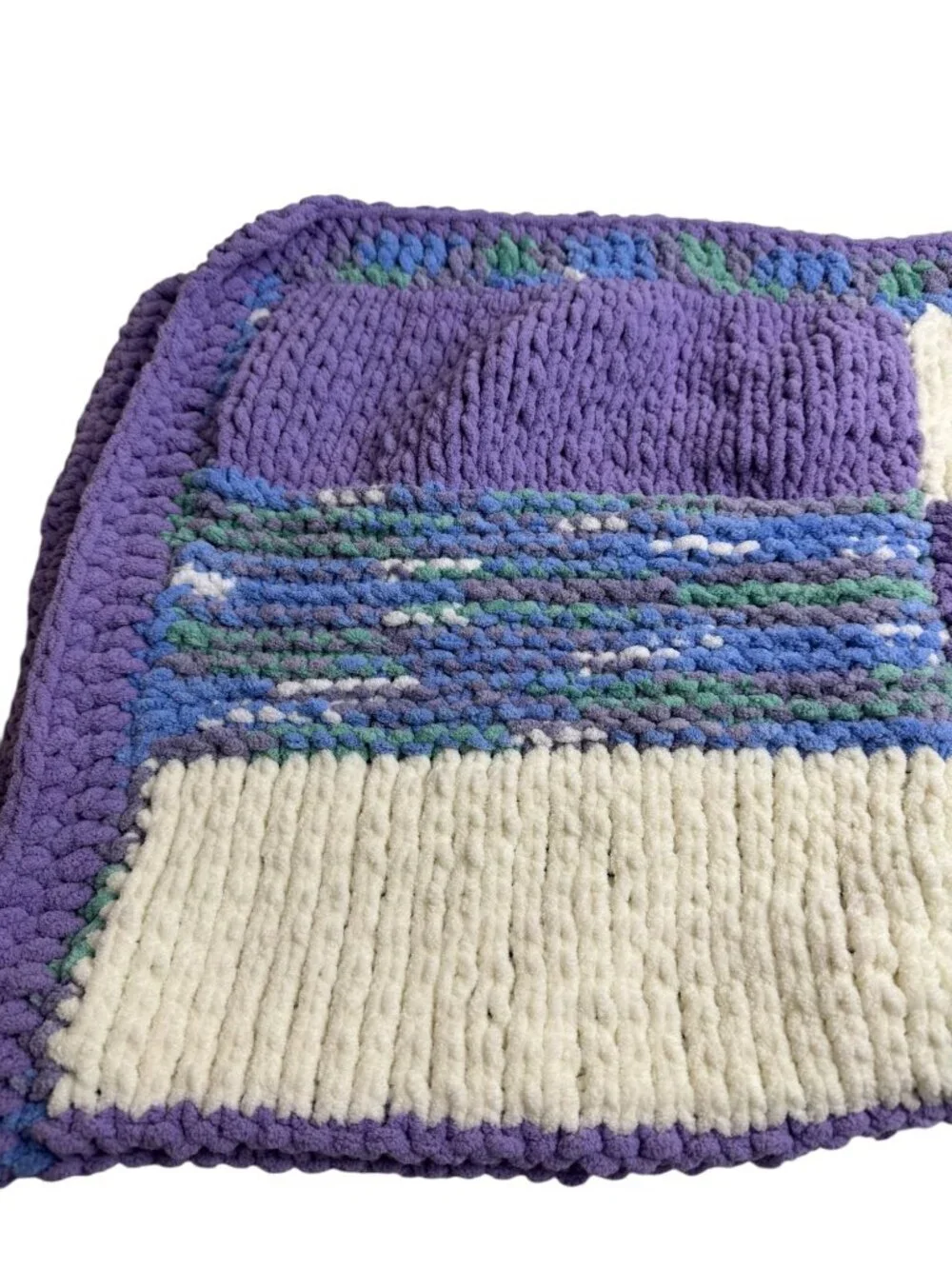 Handmade Chenille Lap Throw Purple White Blue Baby Blanket Patchwork So Soft